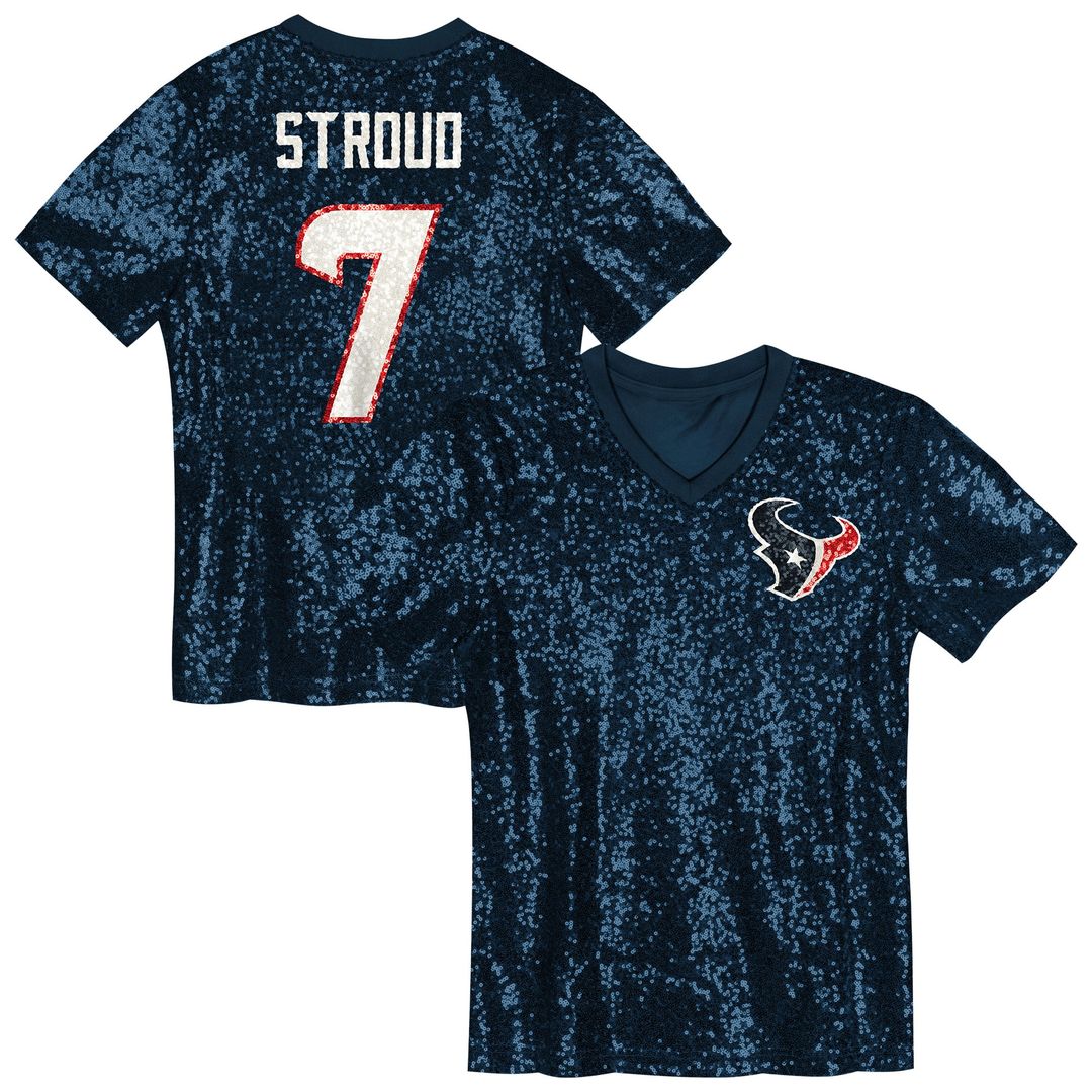 C.J. Stroud Houston Texans Girls Youth Sequin V-Neck Fashion Jersey - Navy