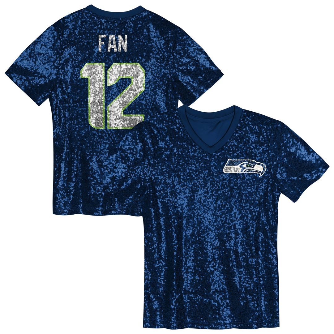 12 Fan Seattle Seahawks Girls Youth Sequin V-Neck Fashion Jersey - College Navy